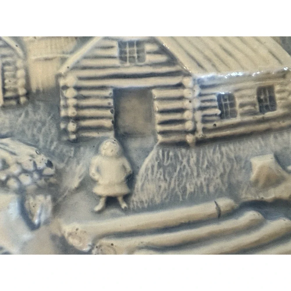 VTG Hershey Mold Trinket Box Jewelry Oval‎ Pioneers Log Cabin Ceramic 3D Signed